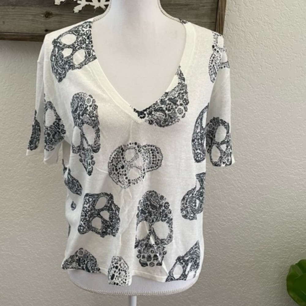 New Skull Cashmere White/Charcoal RUMA Linen Skull BOHO Top Size L - Picture 12 of 15